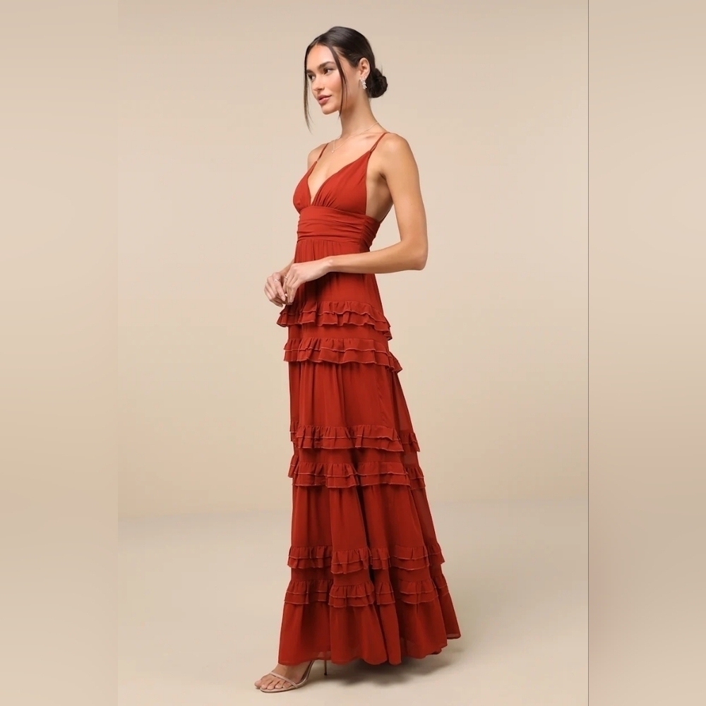 Lulus Lavish Perfection Rust Orange Ruffled Tiered Maxi Dress L Wedding Party - Picture 4 of 8